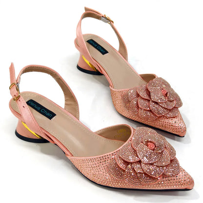 Peach Color Elegant Lady Shoes And Bag Set with Rhinestone Embellished Pearls-knot Wear-resistant And Comfortable Heel