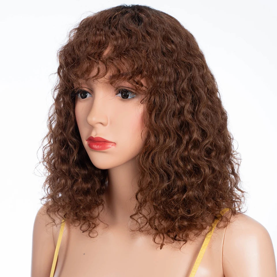 Lekker Colored Short Pixie Afro Kinky Curly Bob 100% Human Hair Wigs With Bangs For Women Brazilian Remy Hair Ombre Brown Wigs