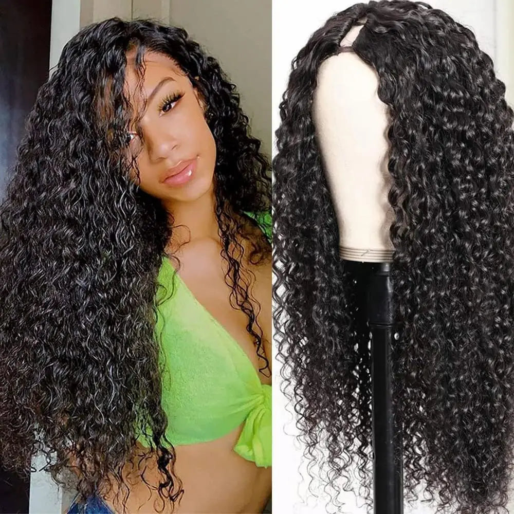 Kinky Curly U Part Human Hair Wig V Part Human Hair Wig No Leave Out No Glue Machine Made Deep Curly Human Hair Wig for Women