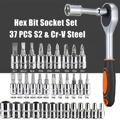 46pc Drive Socket Set 1/4 Inch Ratchet Wrench Set with Sockets Metric Hex Bit Socket Set Mechanic Tool Kits for Auto Repair Hous