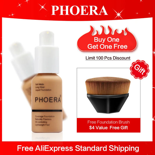 PHOERA Face Foundation Cream Oil Control Brighten Waterproof Concealer Facial Matte Base Make Up Liquid Foundation MakeupTSLM1