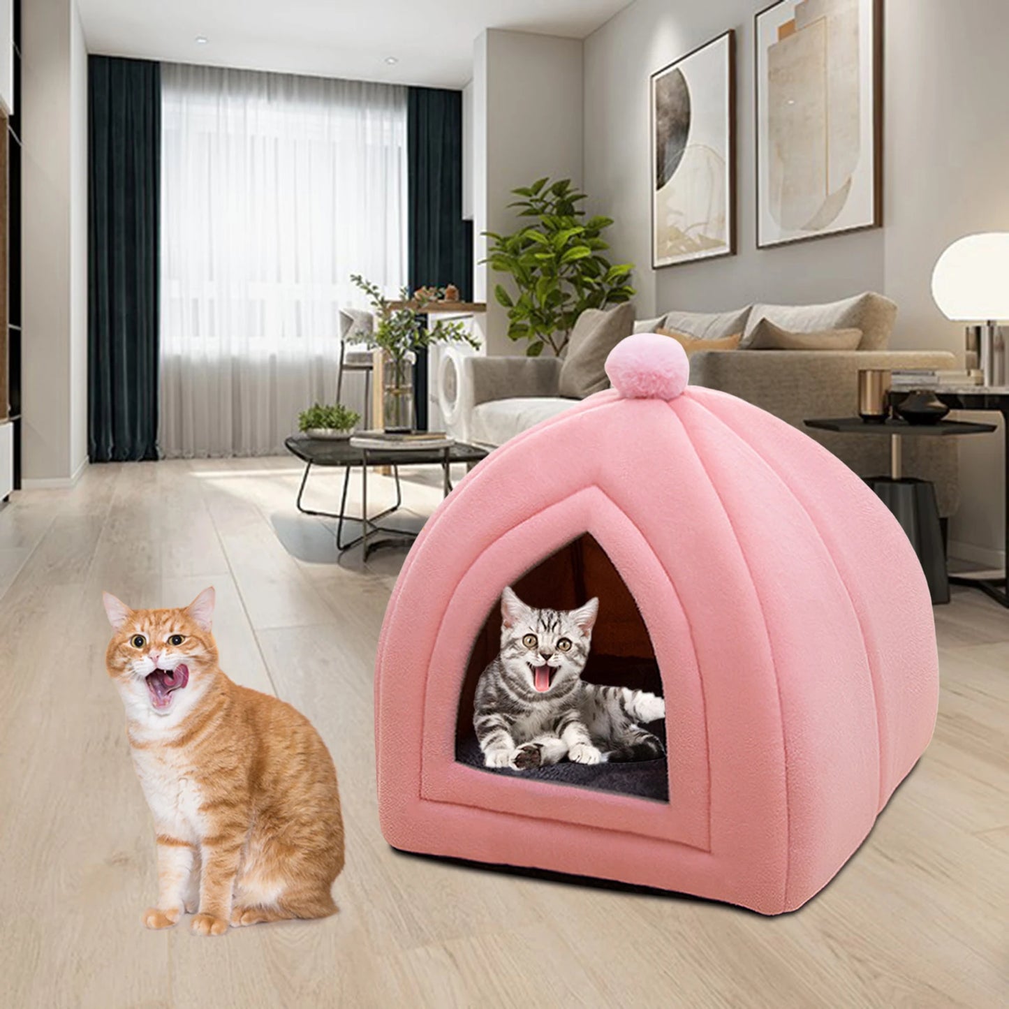 Cute Pet Cat Bed Semi Closed Dog House Sofa Nest Velvet Washable Puppy Kennel Warm Comfortable Tent for Indoor Outdoor