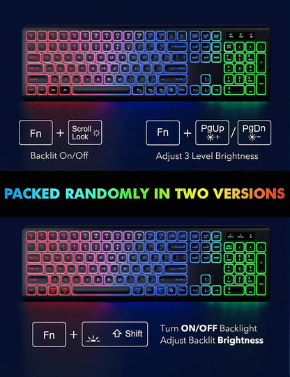 Wireless Keyboard and Mouse Combo RGB Backlit, Rechargeable Light Up Letters, Full-Size, Ergonomic, Sleep Mode, 2.4GHz