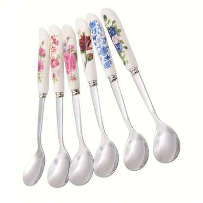 6pcs Stainless Steel Coffee Spoons With Ceramic Handles - Perfect For Mixing, Sugar, Ice Cream Kitchen & Dining Accessories