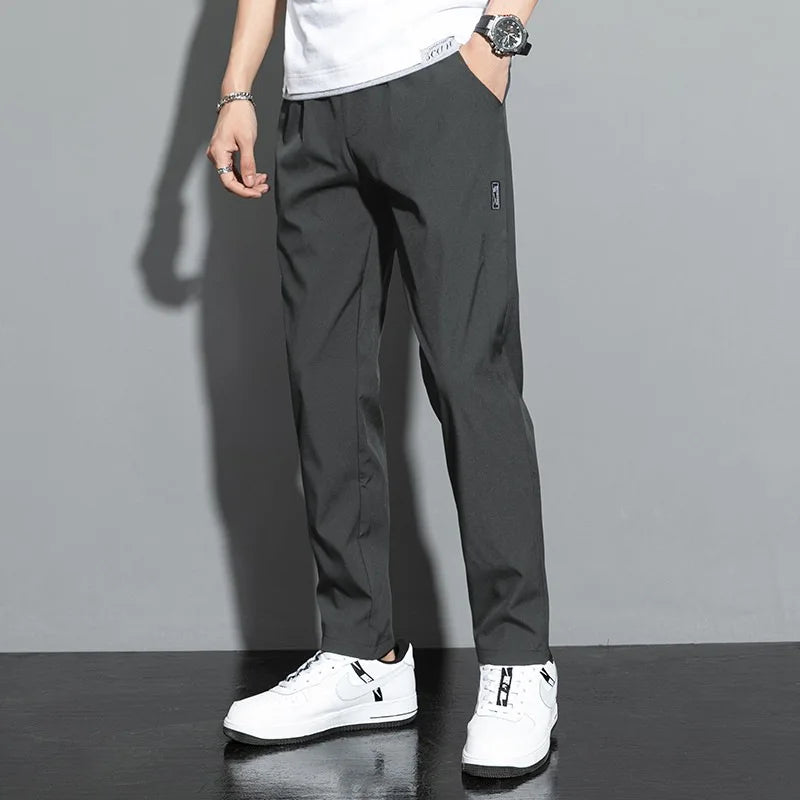 Ice Silk Men's Pants 2024 Summer New Black Gray Thin Business Casual Pants Outdoor Elastic Breathable Straight Leg Sweatpants