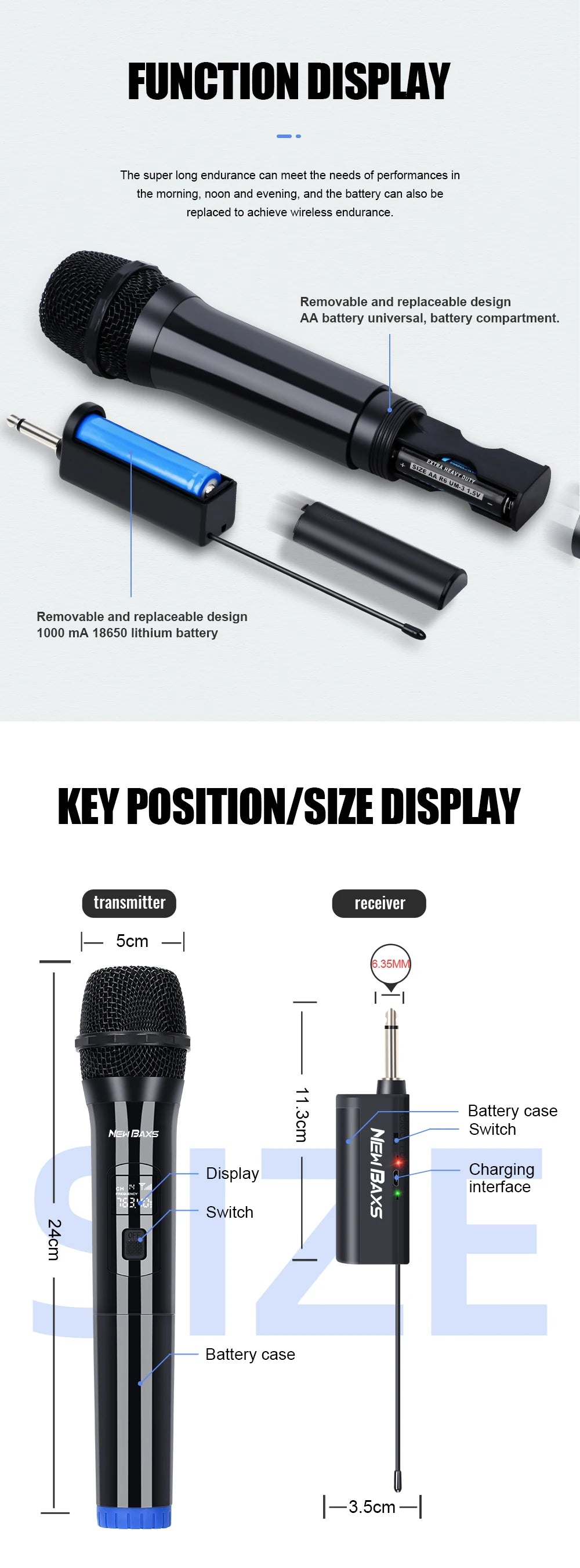 Wireless Microphone Dynamic Handheld Microphones Karaoke Microphone Mic with Rechargeable Receiver for Wedding Party Church Club