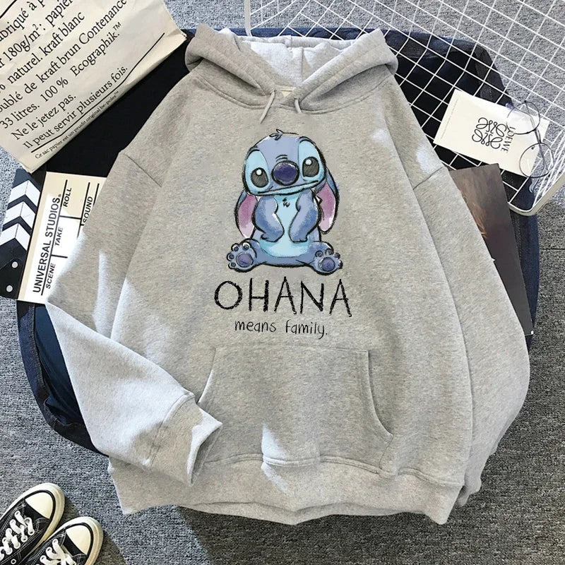 Disney Stitch Hoodies Women Harajuku Pullovers Cute Kawaii Casual Tops O-Neck Angel Print Hooded Sweatshirt Oversized Hoodie