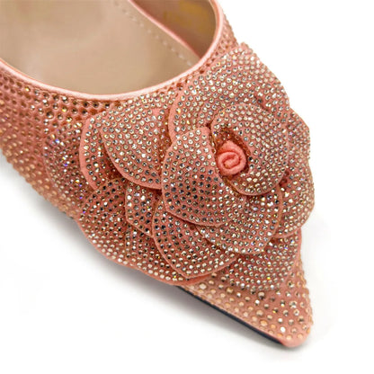 Peach Color Elegant Lady Shoes And Bag Set with Rhinestone Embellished Pearls-knot Wear-resistant And Comfortable Heel