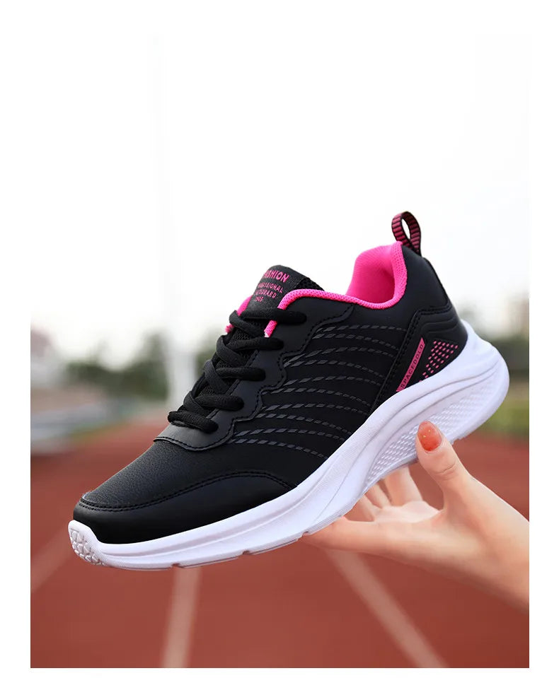 Waterproof Leather Chunky Sneakers for Women, Running Shoes, Casual Sports Shoes, Black Trainers, Autumn, Spring