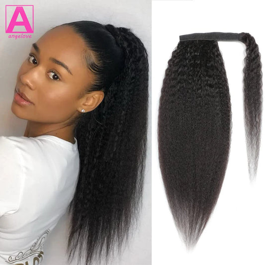 Kinky Straight Ponytail Human Hair Extension 100g Wrap Around Clip In Ponytail Natural Black #1B Remy Indian 10-26inch For Women