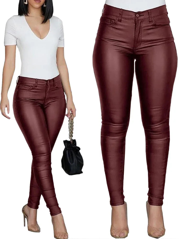 Fashion New Women PU Leather Pants Black Sexy Stretch Bodycon Trousers Women High Waist Solid Color Long Casual Pencil Pants