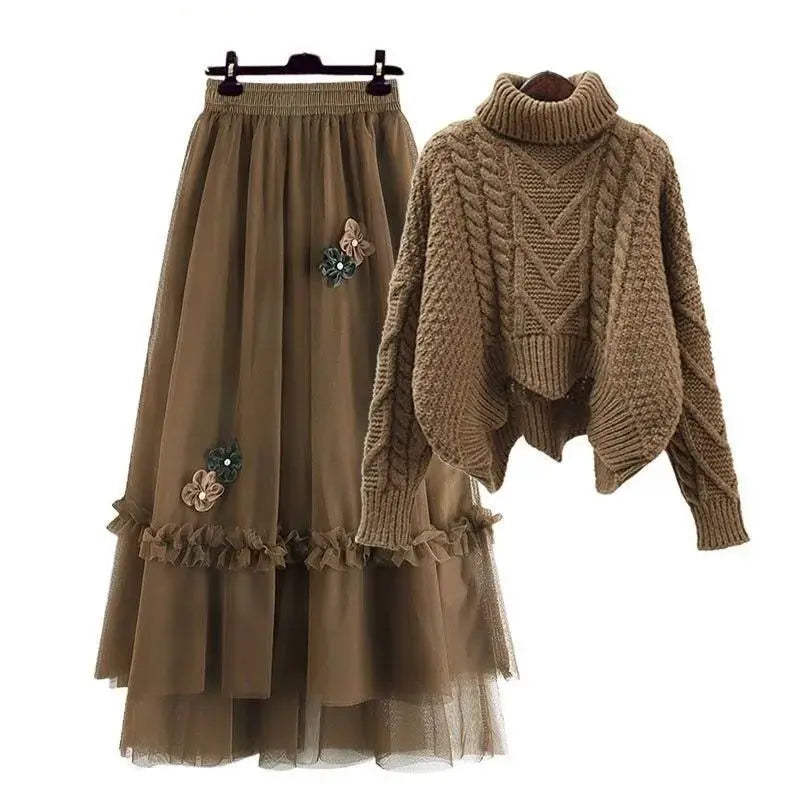 Oversized Women's Autumn Set 2023 New Temperament Senior Knitted Sweater Mesh Half Skirt Two Piece Set Fashion