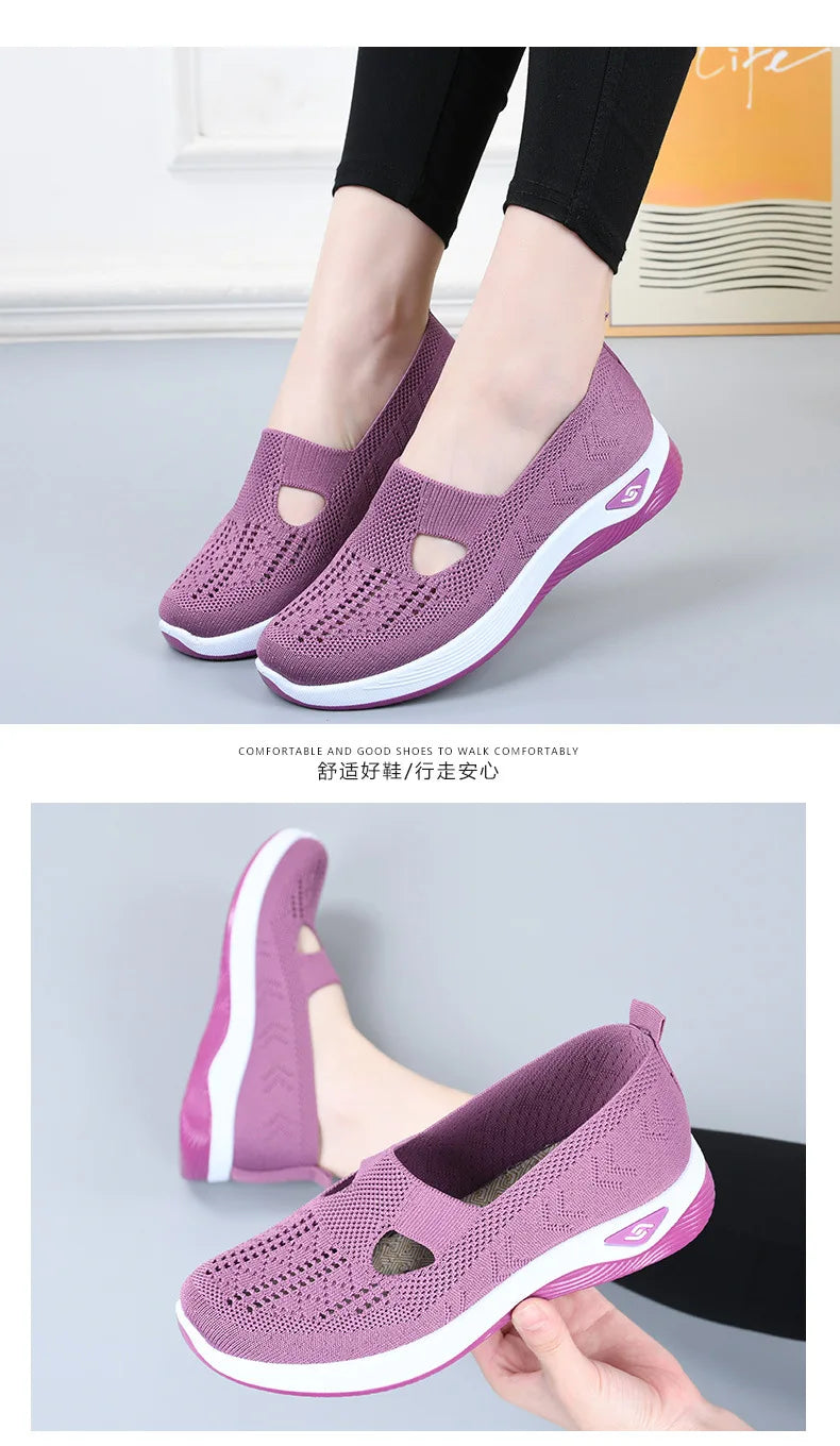 Women's New Summer Shoes Mesh Breathable Sneakers Light Slip on Flat Platform Casual Shoes Ladies Anti-slip Walking Woven Shoes