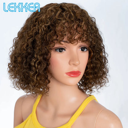 Lekker Colored Short Pixie Afro Kinky Curly Bob 100% Human Hair Wigs With Bangs For Women Brazilian Remy Hair Ombre Brown Wigs