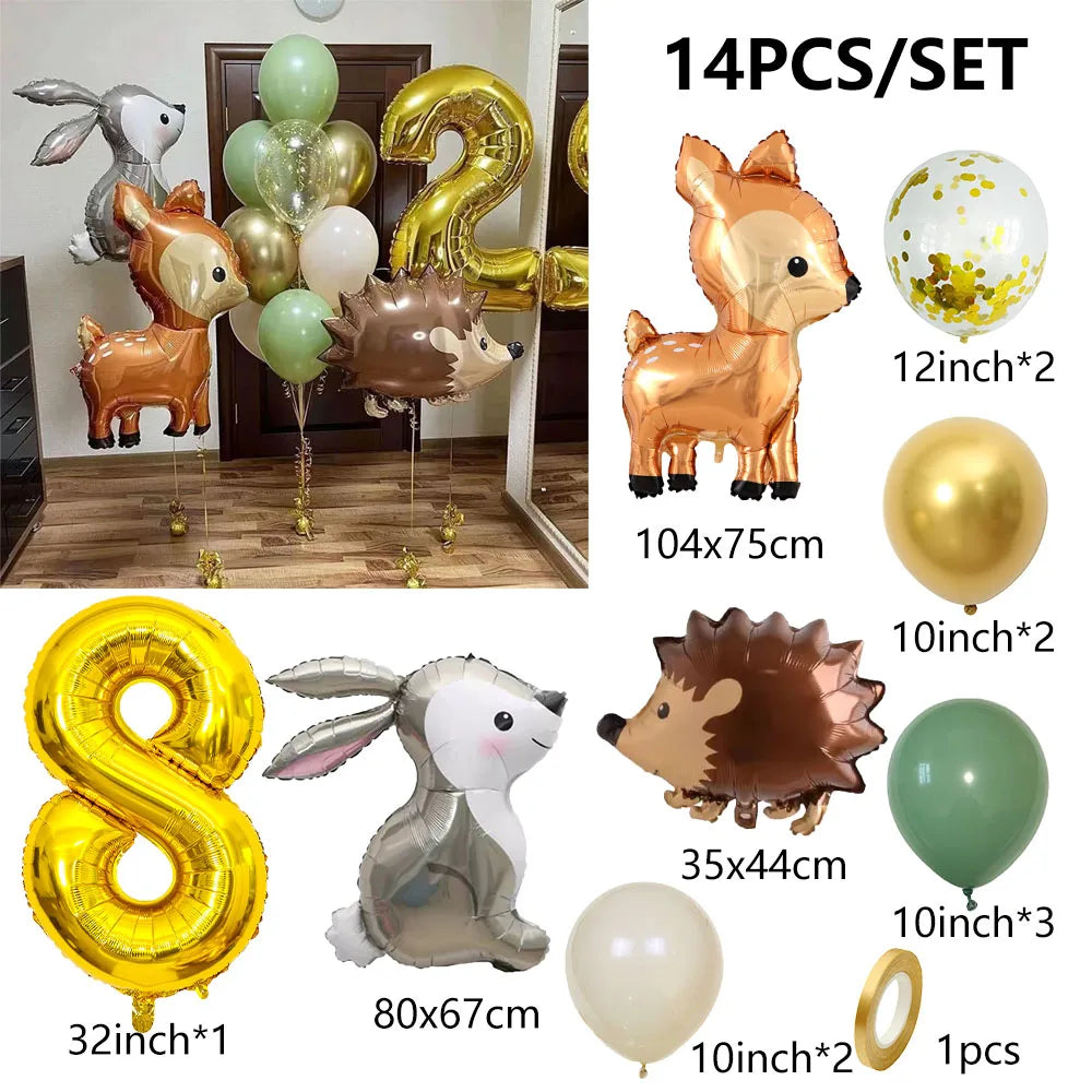 14pcs Gold 32inch Number Animal Foil Balloon Birthday Party Decorations Kids Boy Girl 1 2 3 4 5 6 7 8 9 Year Old Safari Supplies