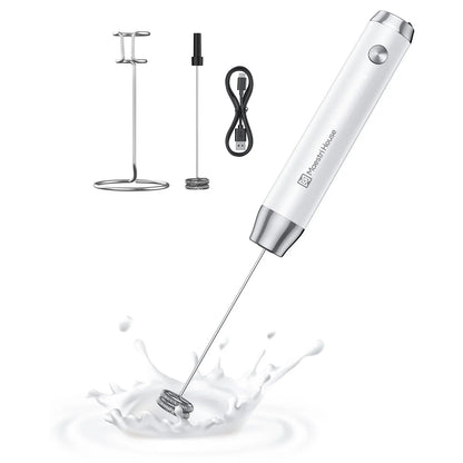 Maestri House Rechargeable Milk Frother with Stand Handheld Electric Foam Maker Waterproof Detachable Stainless Steel Whisk