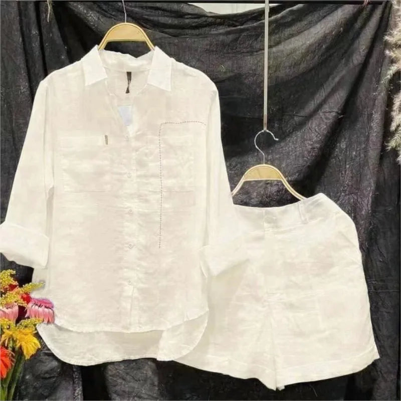 Summer Cotton Linen Casual Home 2 Piece Set For Women 2024 Fashion White Long Sleeve Shirt And Shorts Two Piece Sets Tracksuit