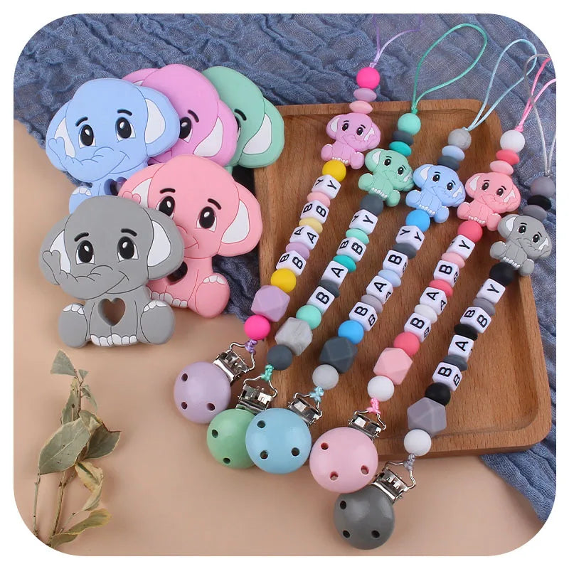 Baby Personalized Name Pacifier Clip Newborn Pacifiers Holder Custom Elephant Gum Nipple Chain Set Silicone Teething Toy Gift