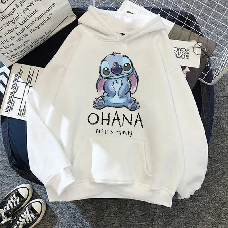 Disney Stitch Hoodies Women Harajuku Pullovers Cute Kawaii Casual Tops O-Neck Angel Print Hooded Sweatshirt Oversized Hoodie