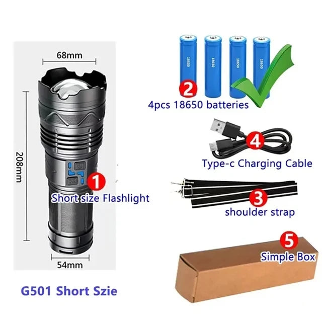 Most Powerful GT60 LED Flashlight Long-range Lighting Long Endurance Powerful Torch Type-C Charging Tactical Camping Lantern