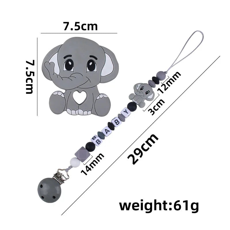 Baby Personalized Name Pacifier Clip Newborn Pacifiers Holder Custom Elephant Gum Nipple Chain Set Silicone Teething Toy Gift