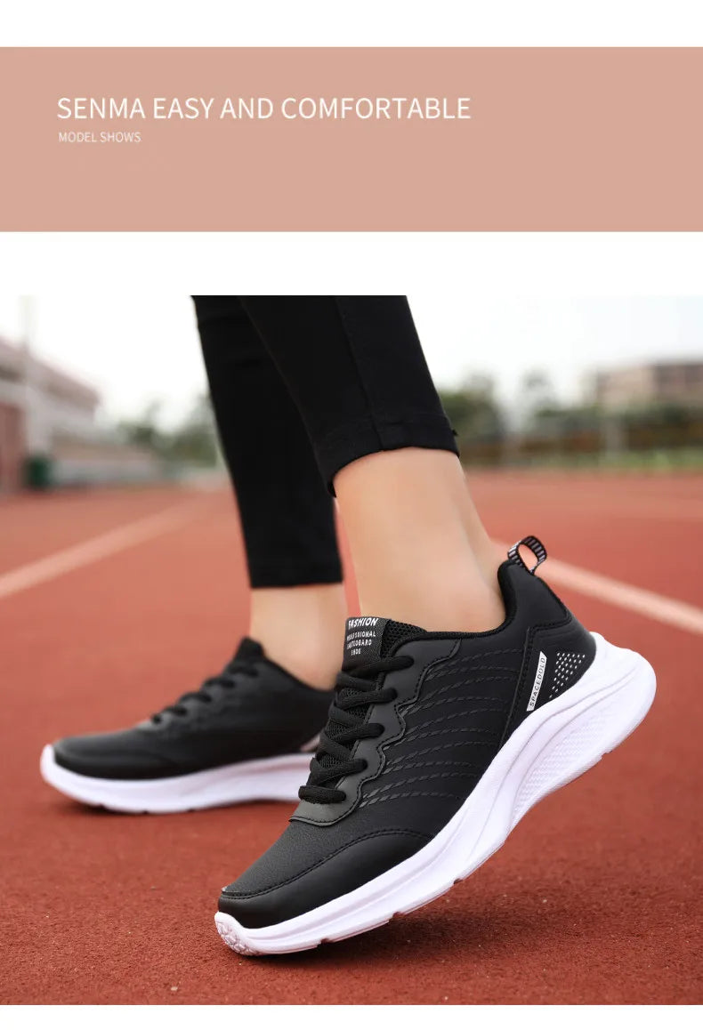 Waterproof Leather Chunky Sneakers for Women, Running Shoes, Casual Sports Shoes, Black Trainers, Autumn, Spring