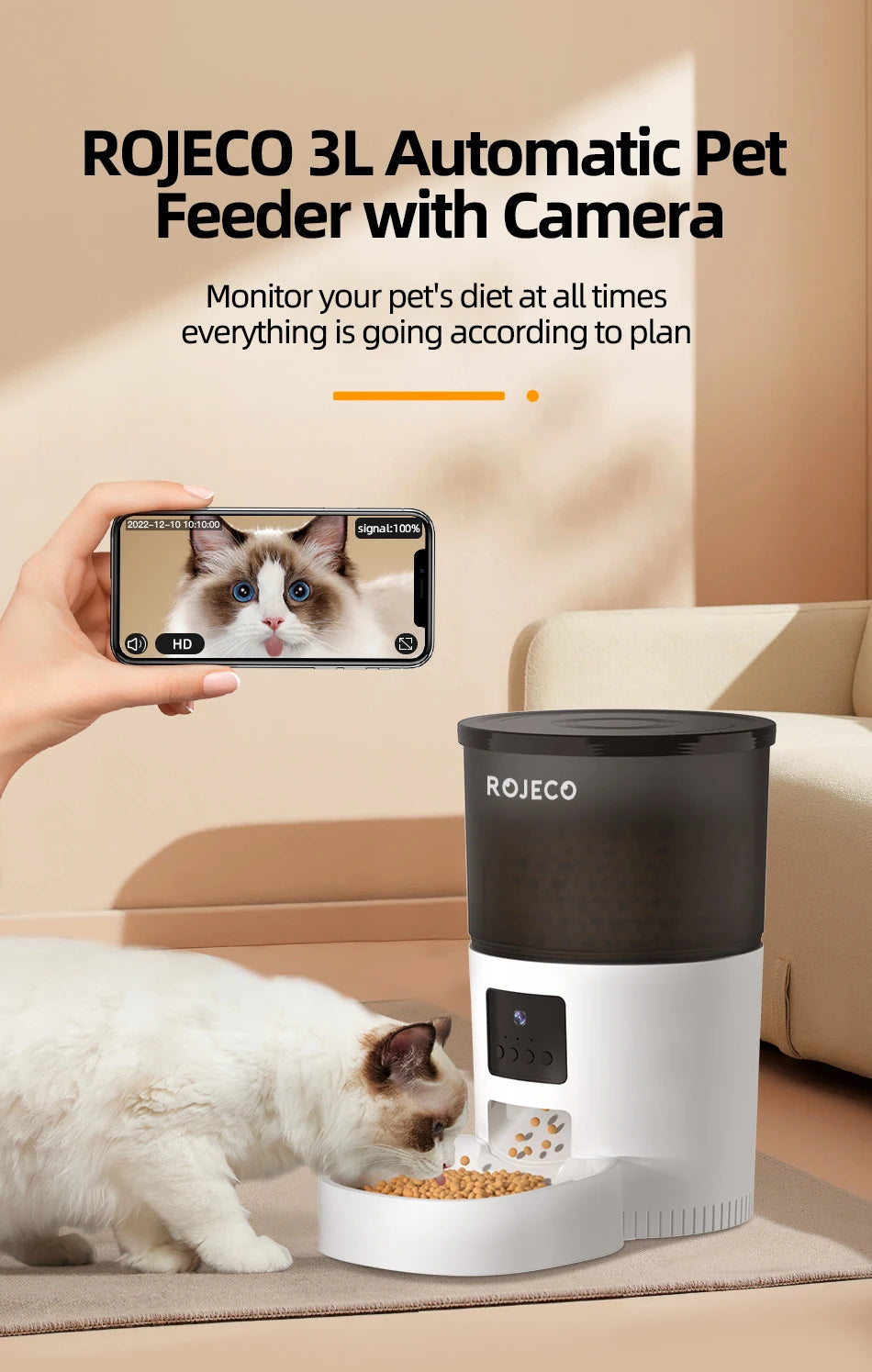 ROJECO 3L Automatic Pets Feeder With Carmen Smart Cat Food Dispenser For Dogs WIFI Rechargeable Feeders For Cats Remote Feeding