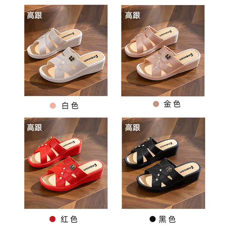 Women Shoes Summer Slippers Women Wear Outside Thick Sole Wedge Heels Fashion Slippers Soft Bottom Mother Shoes Zapatos De Mujer