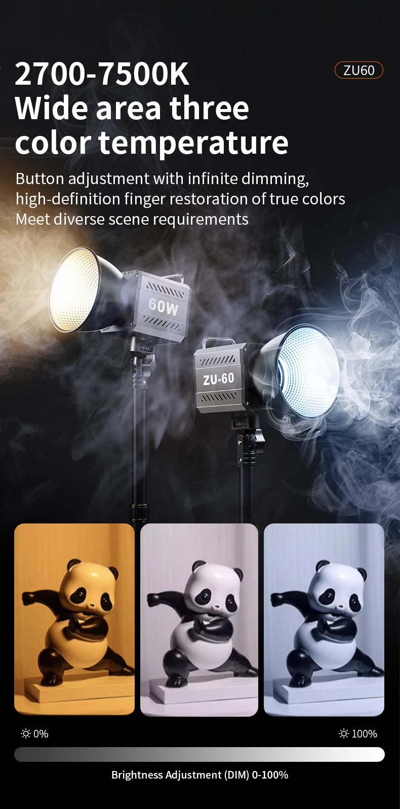 60W COB Video Light CRI≥90 TLCI≥97 Continuous Output Lighting Dual Color Temperature 2700K-6500K Portable Mini Bowens Live Light