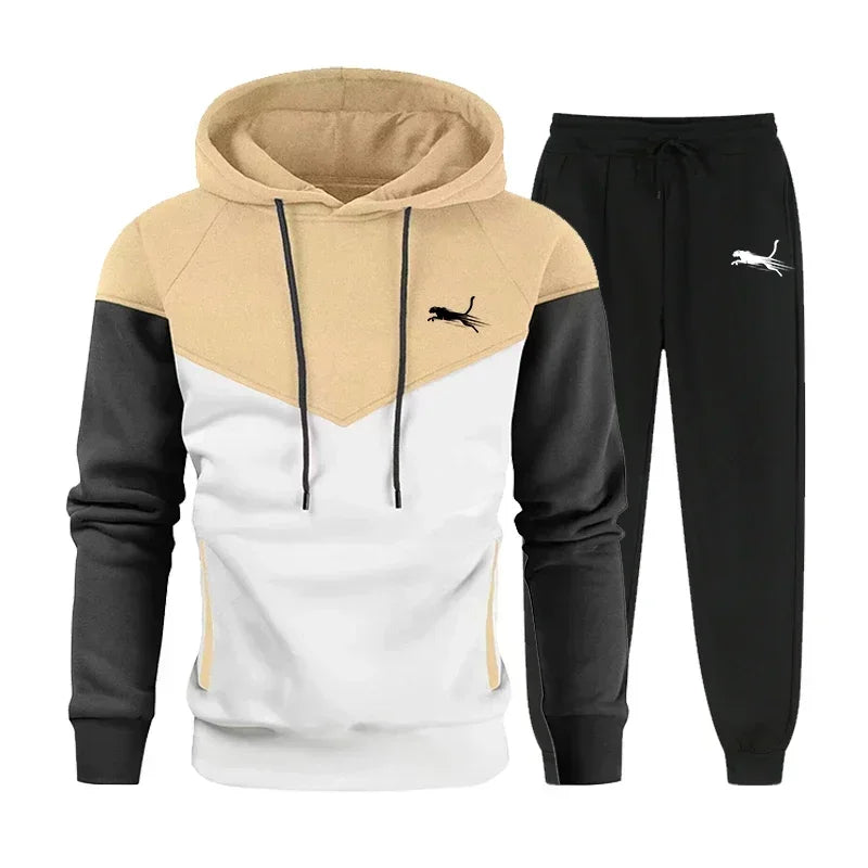 Autumn Winter New Men's Print Hoodies Outdoor Sportswear Set Street Simplicity Fashion Hooded Sweatshirt Two Color Matching Top