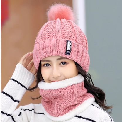 Brand Winter Knitted Scarf Hat Set Thick Warm Skullies Beanies Hats for Women Solid Outdoor Snow Riding Ski Bonnet Caps Girl