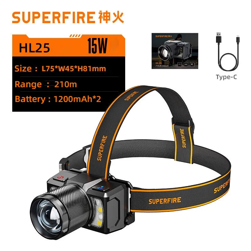 SUPERFIRE HL25 COB+LED Sensor Headlamp 15W USB-C Rechargeable Zoomable Headlight Fishing Waterproof Super bright camping Lantern