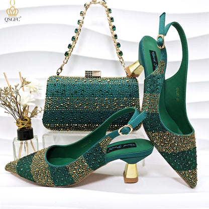 QSGFC INS 2024 Gold Color Elegant Women Heels Shoes and Bag Set Hollow Rhinestones  High Heels Wedges Shoes Matching Bag