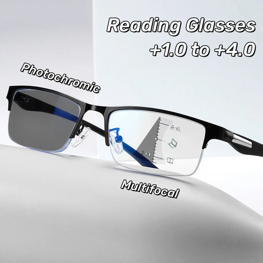 Progressive Multifocal Photochromic Reading Glasses Anti-blue Light Far Sight Glasses Men Half Frame Business Presbyopia Glasses