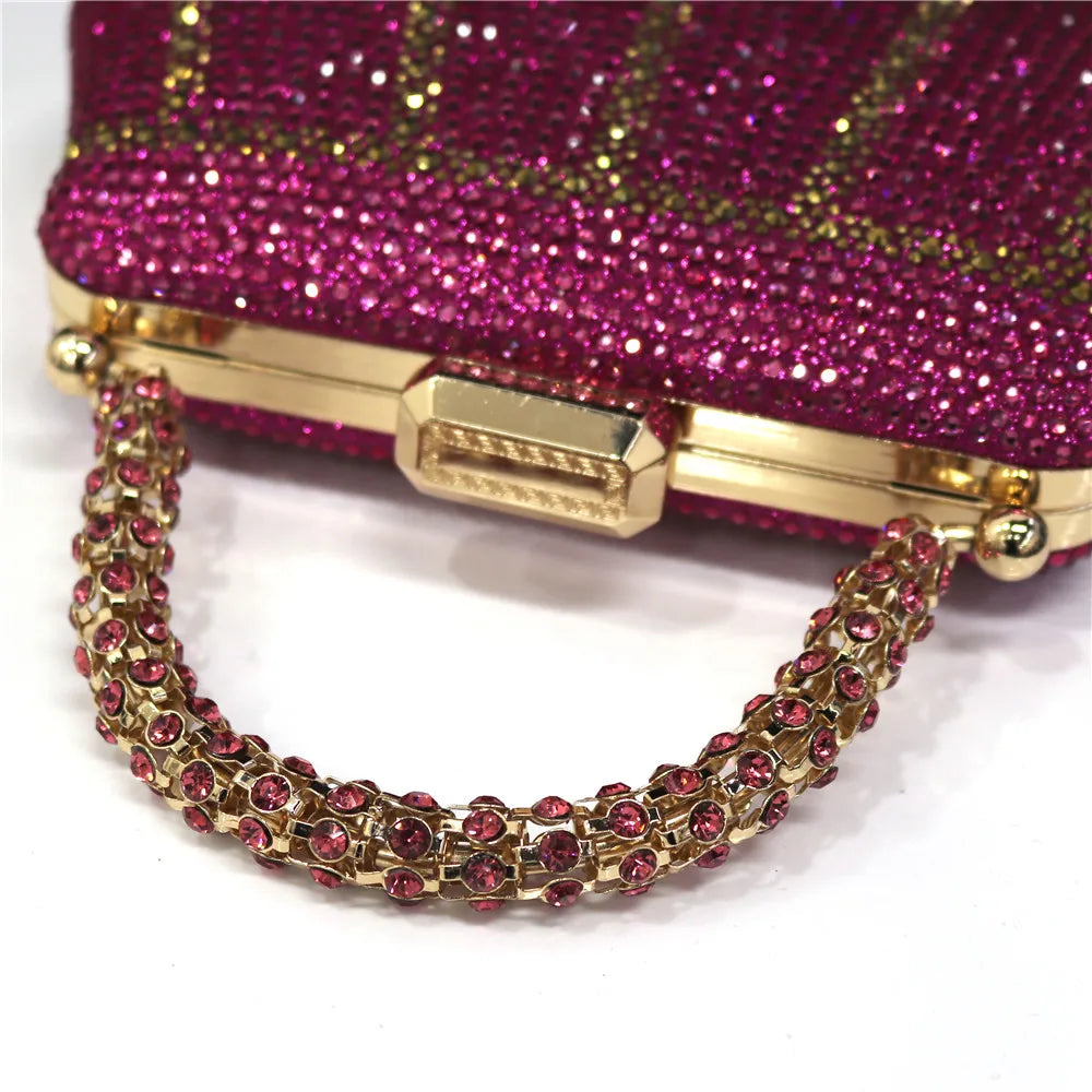 Popular In Nigeria Exquisite Evening Bags With Diamond Design Fashion Handle Clutch Rhinestone Embellished Long Chain Bag