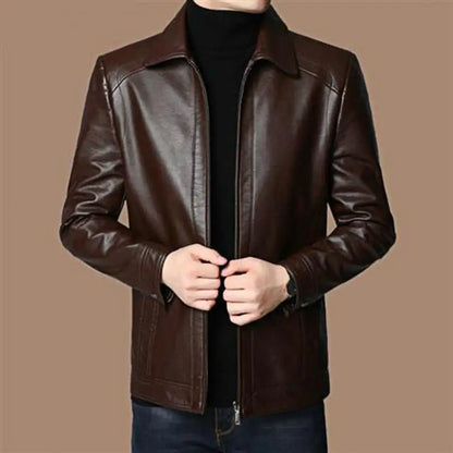 Men Jacket Faux Leather Solid Color Stand Collar Coat Smooth Zipper Neck Windproof Outerwear For Autumn Winter