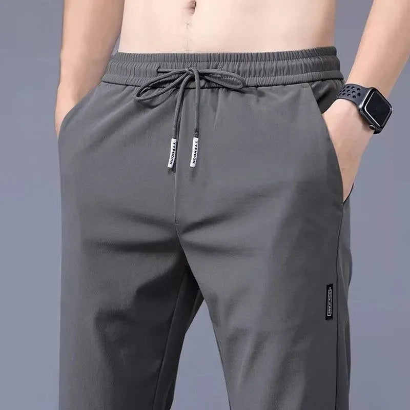 Ice Silk Men's Pants 2024 Summer New Black Gray Thin Business Casual Pants Outdoor Elastic Breathable Straight Leg Sweatpants