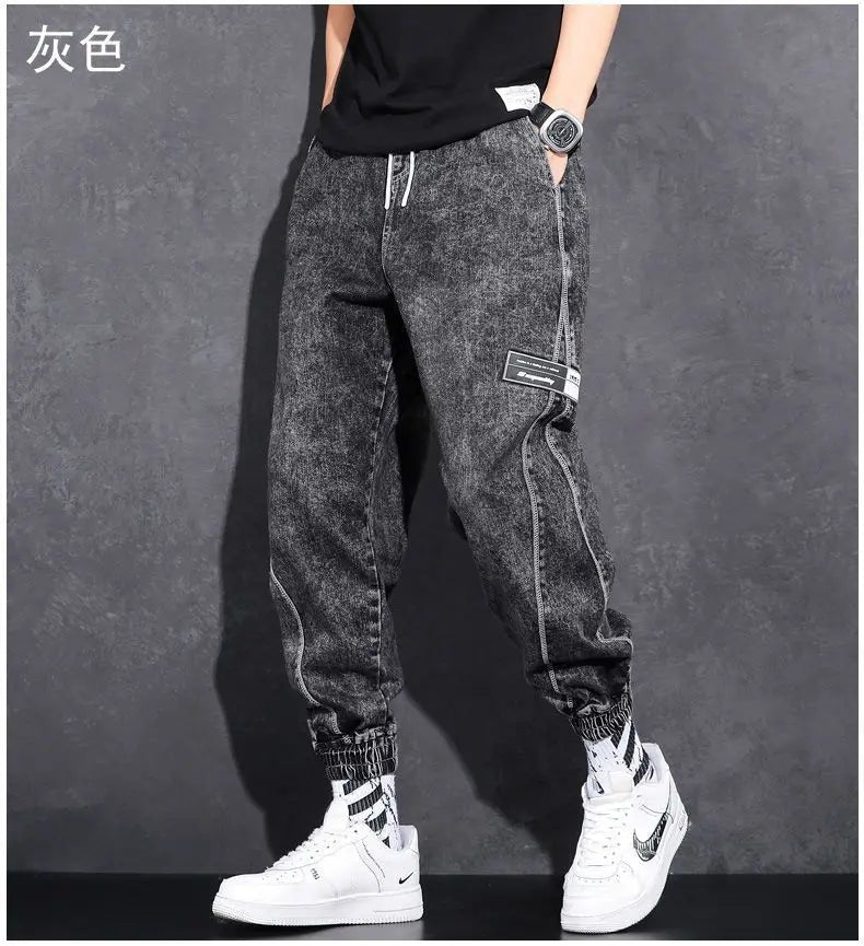 Loose Elastic Waist Denim Jeans for Men 2024 Fashion Casual Spring Workwear Foot-Tied Pants with Brand Workwear Baggy Trousers