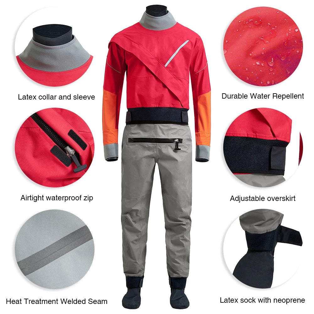 Kayak Dry Suit for Men 4-layer Waterproof Fabric Drysuit With Latex on Neck and Wrist White Water River Pending