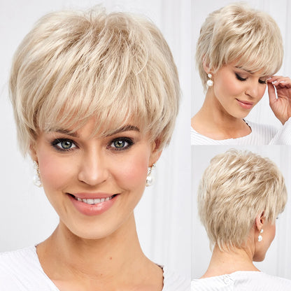 Light Blonde Mixed Off-White Short Pixie Cut Wigs for Women With Bangs Kanekalon Human-hair Like Texture Natural Layered Hair