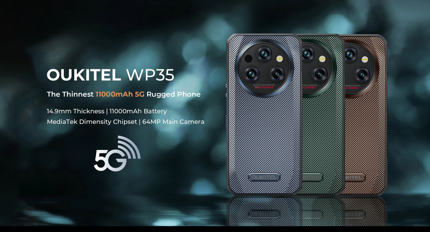 Oukitel WP35 Rugged Smartphone, 5G, 11000mAh, 24GB + 256GB, Andiron 14, 64 MP, NFC Cell Phone