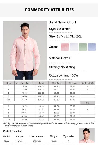 CHCH 2024 New Fashion 100% Cotton Long Sleeve Shirt Solid Slim Fit Male Social Casual Business Shirts High Quality