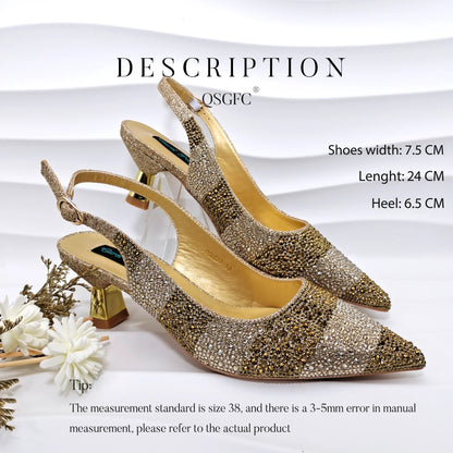 QSGFC INS 2024 Gold Color Elegant Women Heels Shoes and Bag Set Hollow Rhinestones  High Heels Wedges Shoes Matching Bag