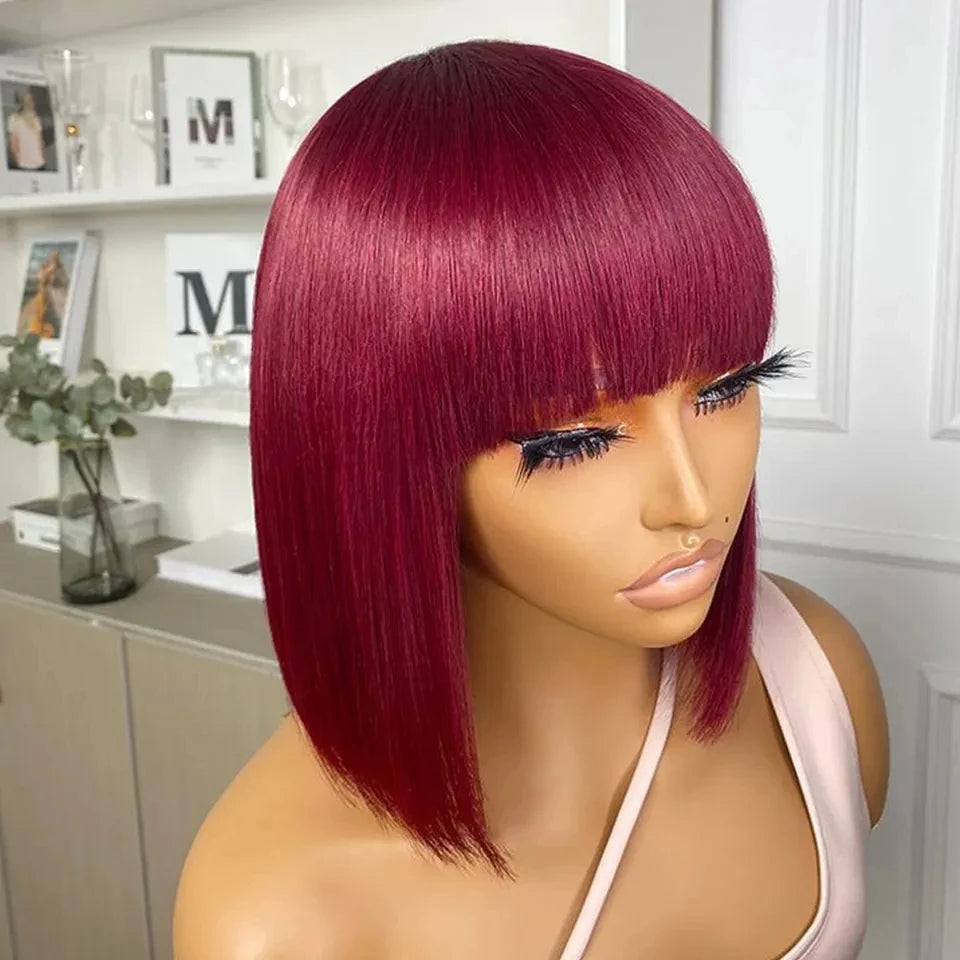 Nature Black Straight Bob Wigs With Bang Sleek Brazilian Short Hair Bob Wigs For Black Women Red 99J Glueless Machine Made Cheap