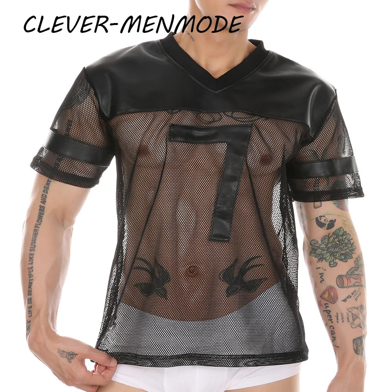 Men's Sexy Faux Leather Fishnet Short Sleeve Cutout PU T Sleeve Breathable V-Neck Short Sleeve Basketball Jersey Sportswear