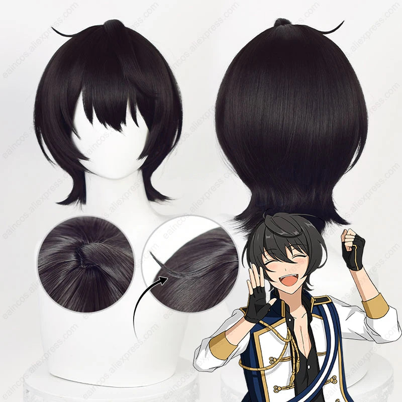 ES Ritsu Sakuma Cosplay Wig 32cm Natural Black Short Hair Heat Resistant Synthetic Wigs