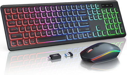 Wireless Keyboard and Mouse Combo RGB Backlit, Rechargeable Light Up Letters, Full-Size, Ergonomic, Sleep Mode, 2.4GHz