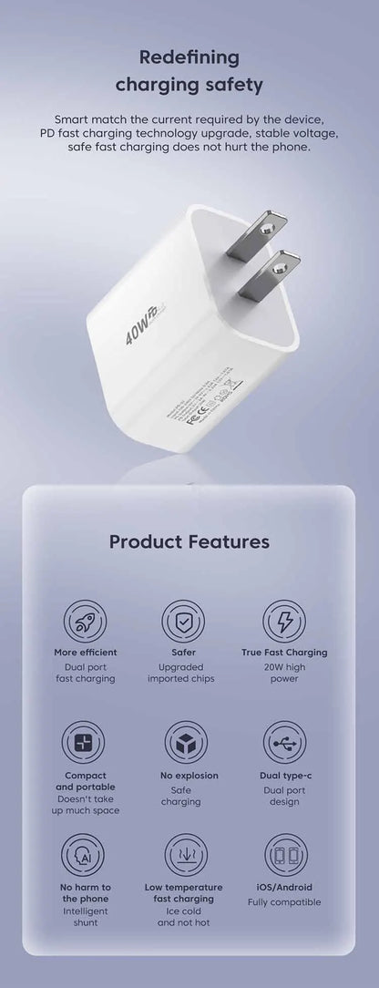 40W USB C Charger Dual Type C PD Fast Charging Charger Wall Adapter For iPhone 15 iPad Samsung Xiaomi 10A USB C Charging Cable