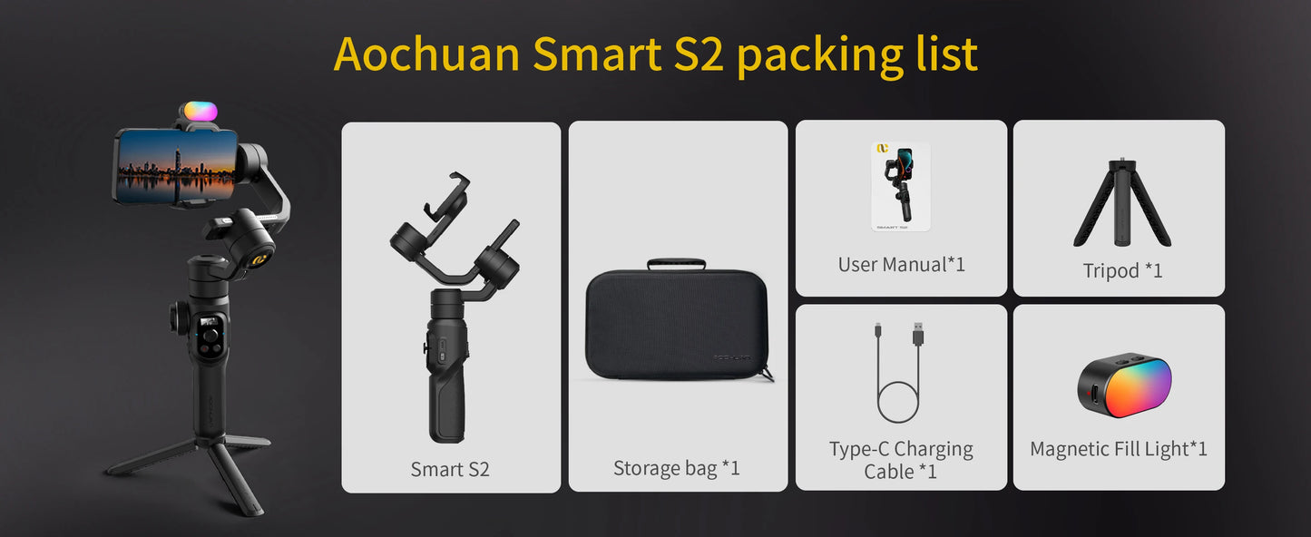 Aochuan Smart S2 Smart Gimbal Stabiliser for Smartphone Professional Industry-Standard 3-Axis Phone Gimbal with Extendable Rod