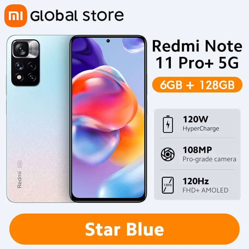 Global Version Xiaomi Redmi Note 11 Pro+ 5G 6GB RAM 128GB ROM Octa-core Dimensity 920 120W HyperCharge 120Hz AMOLED 108MP